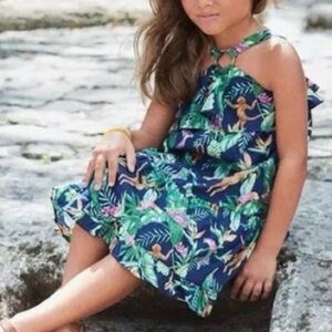 Janie and Jack Tropical dress size 8 navy green parrot halter summer